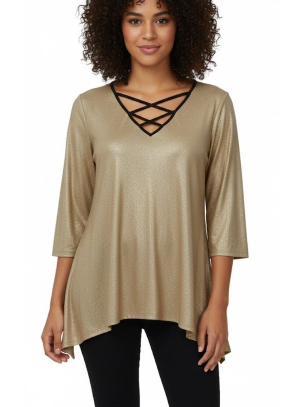 NY Collection Women's Gold Metallic Shimmer Top Size S Crisscross V-Neck 3/4 Slv